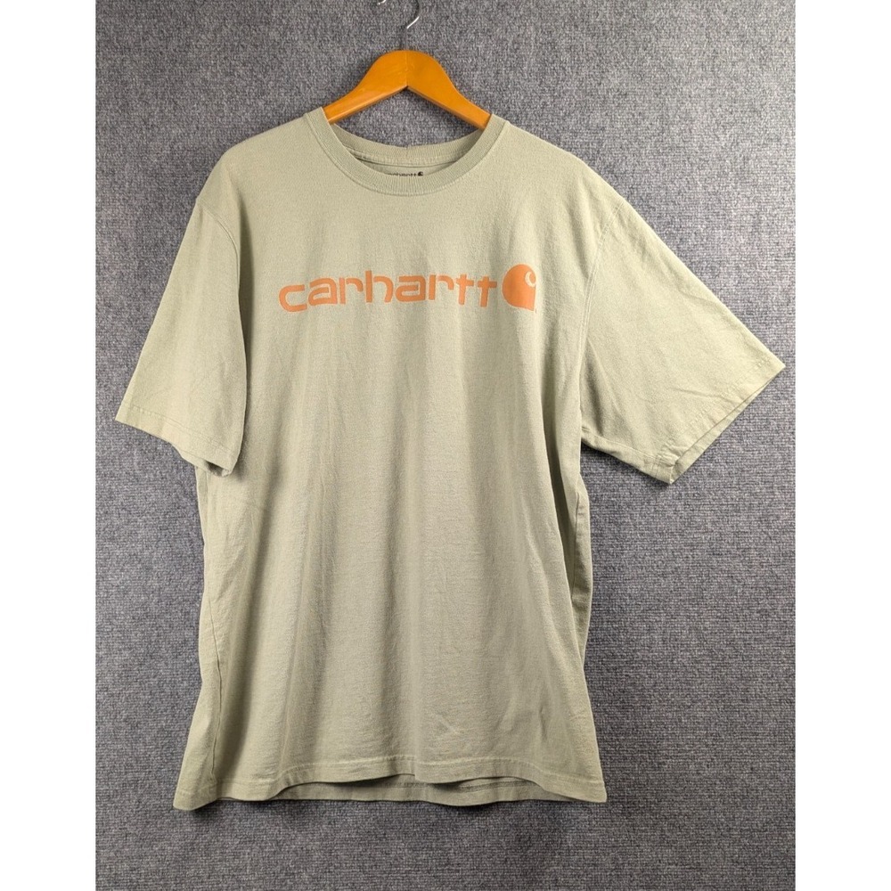 Carhartt Men's L Tall Sage Green Orange Logo Graphic T Shirt Loose Fit Short Sle
